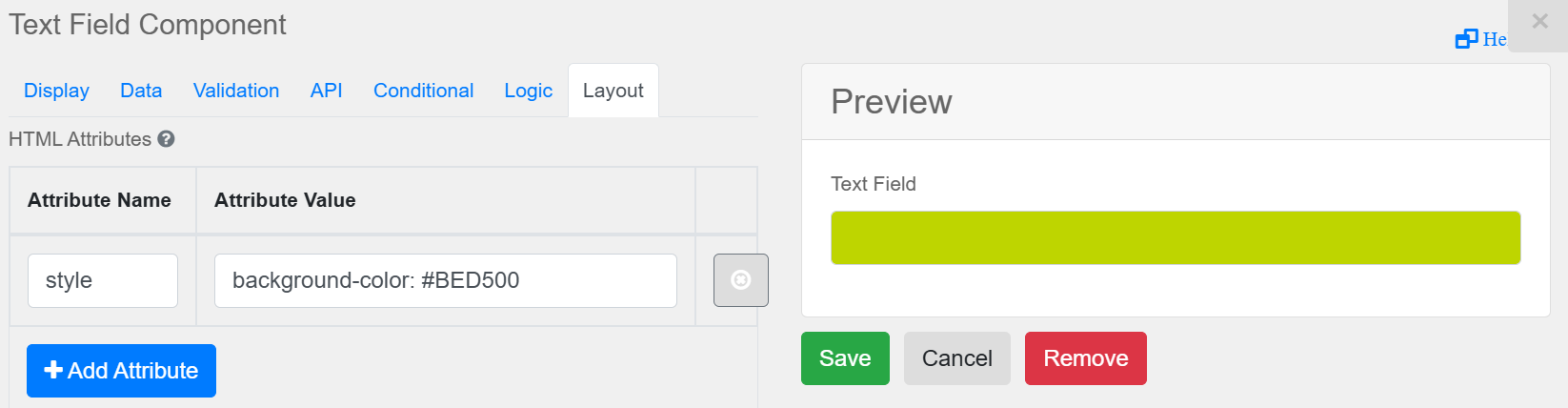 Image showing the configuration of an HTML attribute in the Layout tab