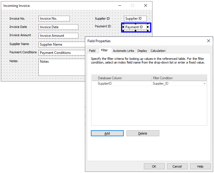 Image showing the Filter tab of the Field Properties dialog