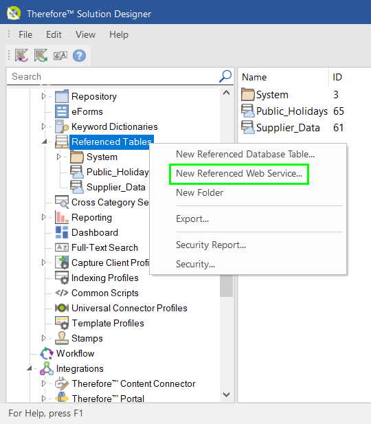Image showing the Referenced Web Service option