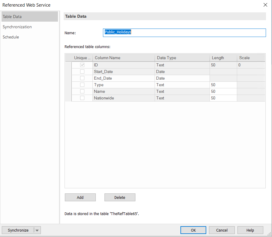 Image showing the table configuration