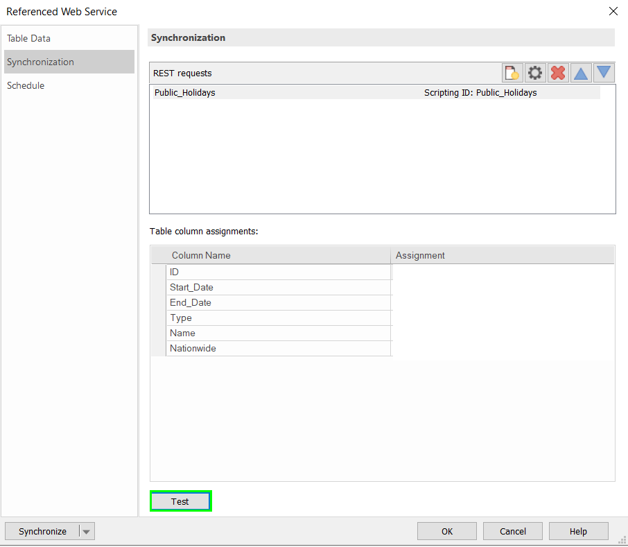 Image showing the location of the Test button