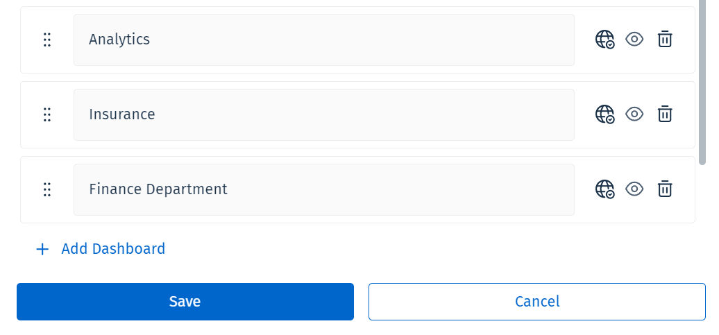 An image showing dashboards in a list view in the Manage Dashboards dialog