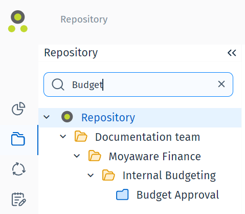 Image showing the filtered tree view after entering the search term 'Budget Approval' and running a repository search