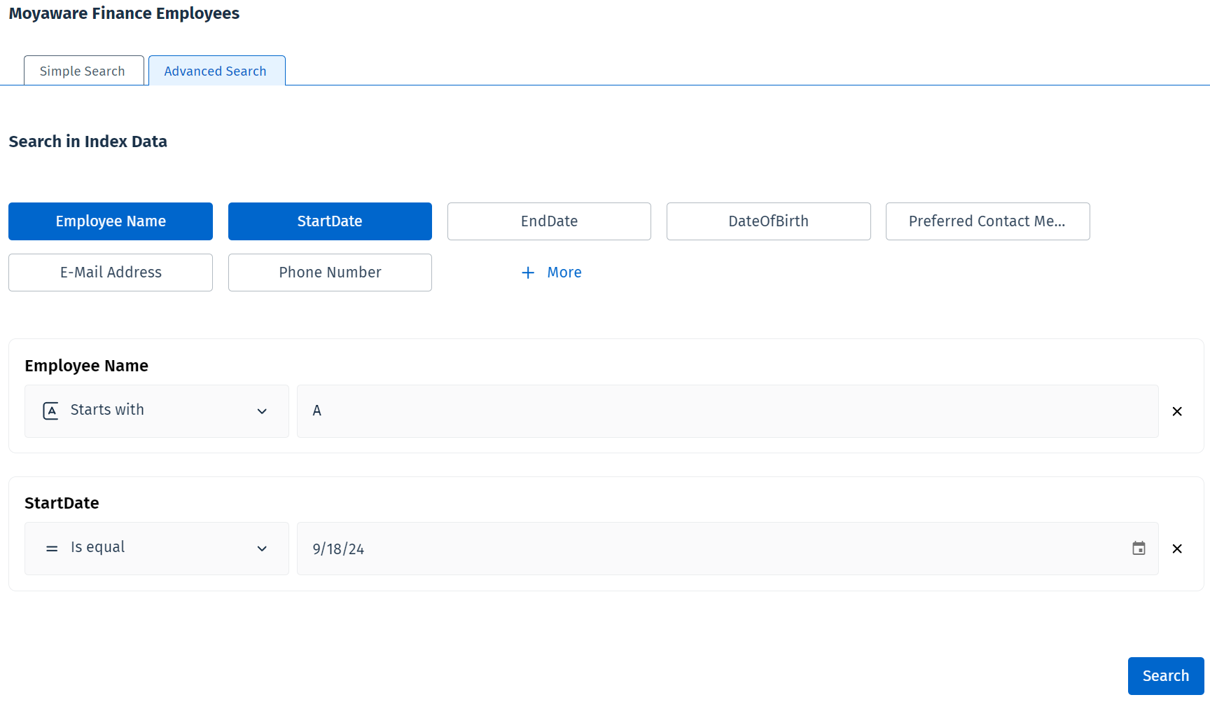 Image showing an Advanced Search configuration with index data fields and operators selected