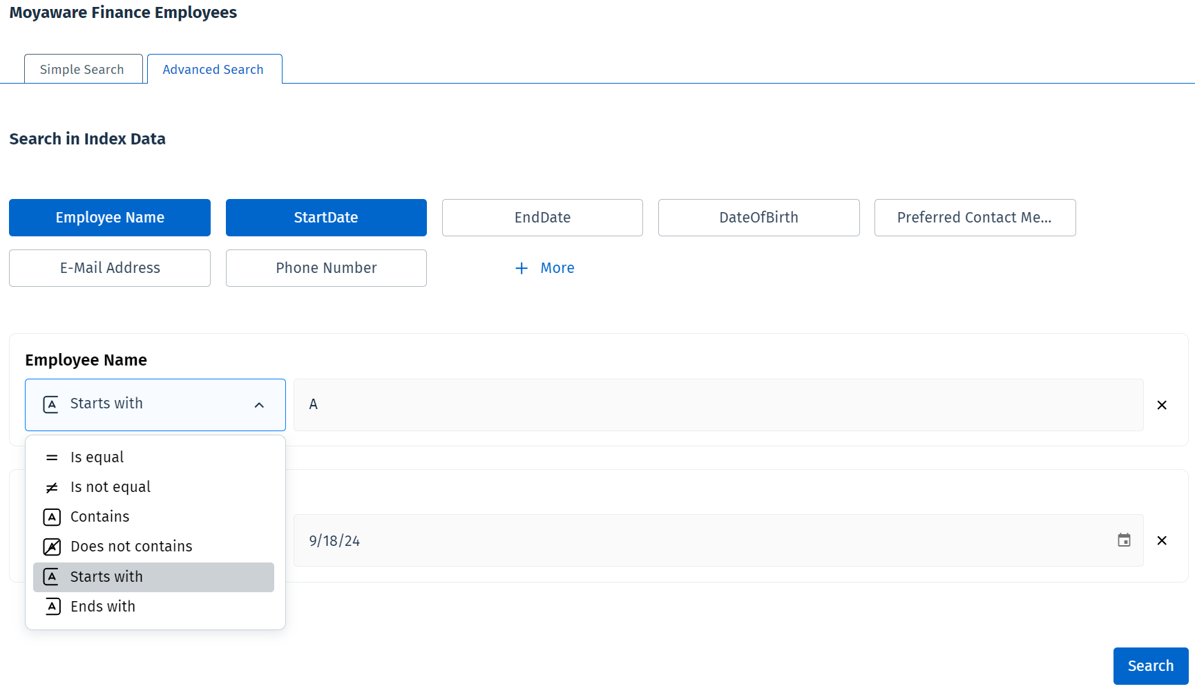 Image showing the operator drop-down menu for a text field. The operator 'Starts with' is selected.