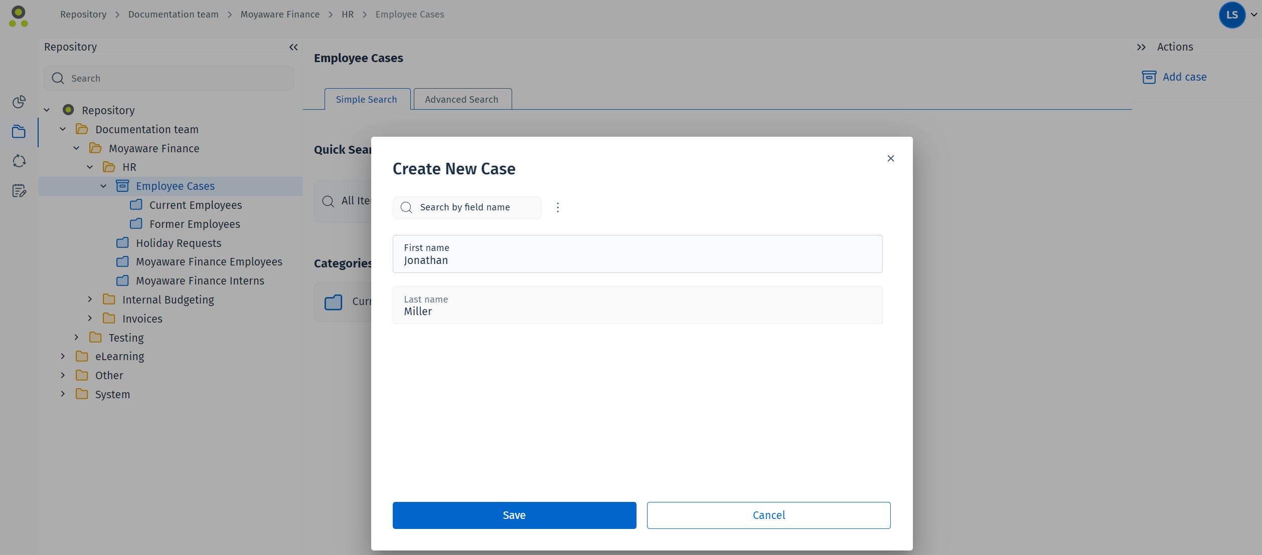 The Create Case dialog with the case header index fields filled in