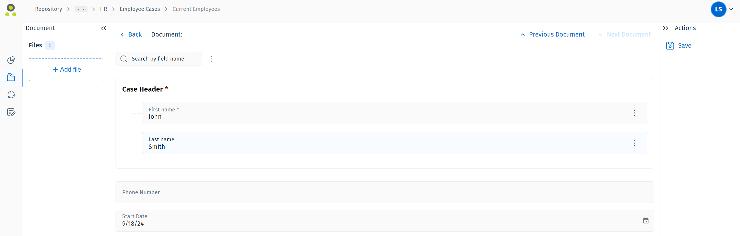 Image showing the category's case header fields and category index data fields