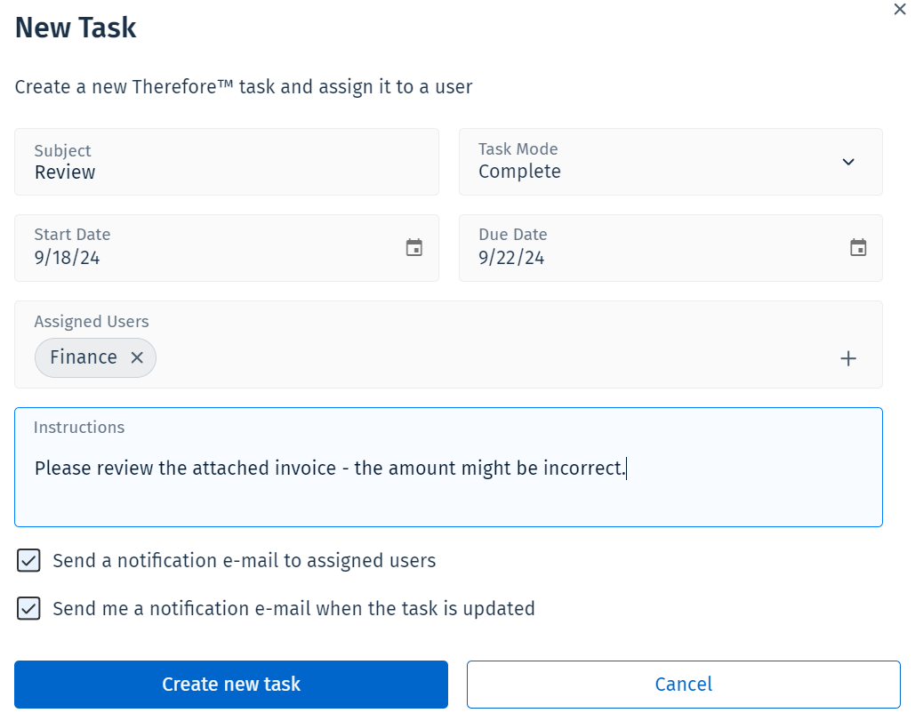 Image showing the New Task dialog with fields filled in