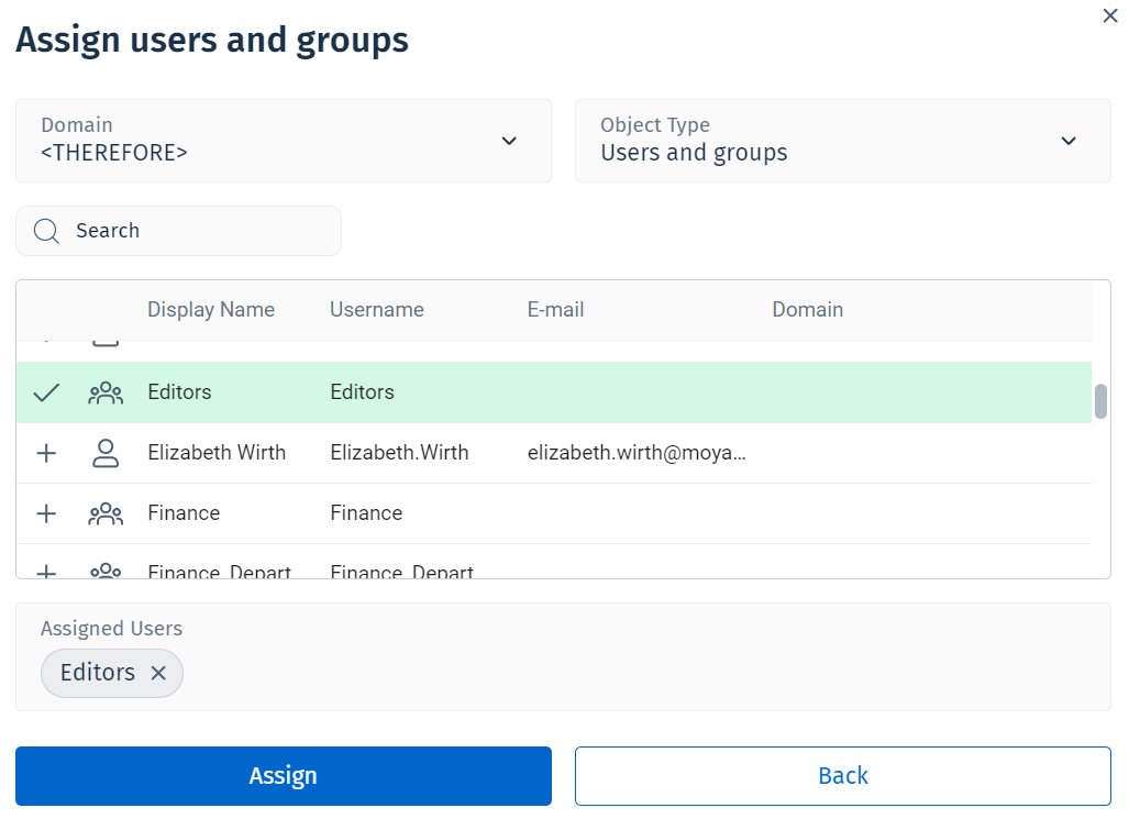 Image showing the Assign users and groups dialog with a group selected