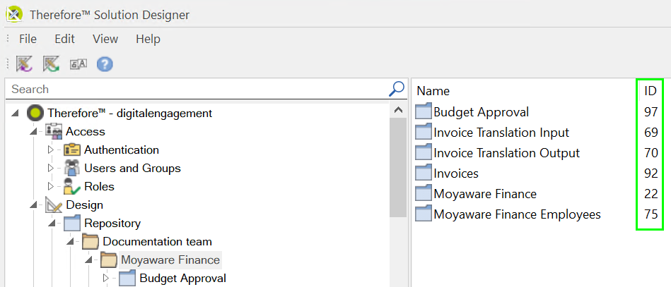 Image showing where to find the category ID in the Therefore™ Solution Designer