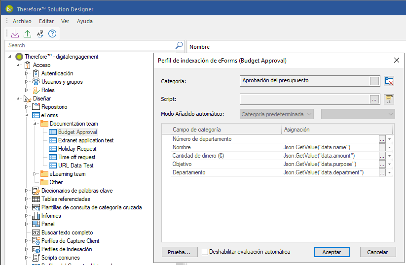 Imagen que muestra la configuración de procesamiento de un eForm