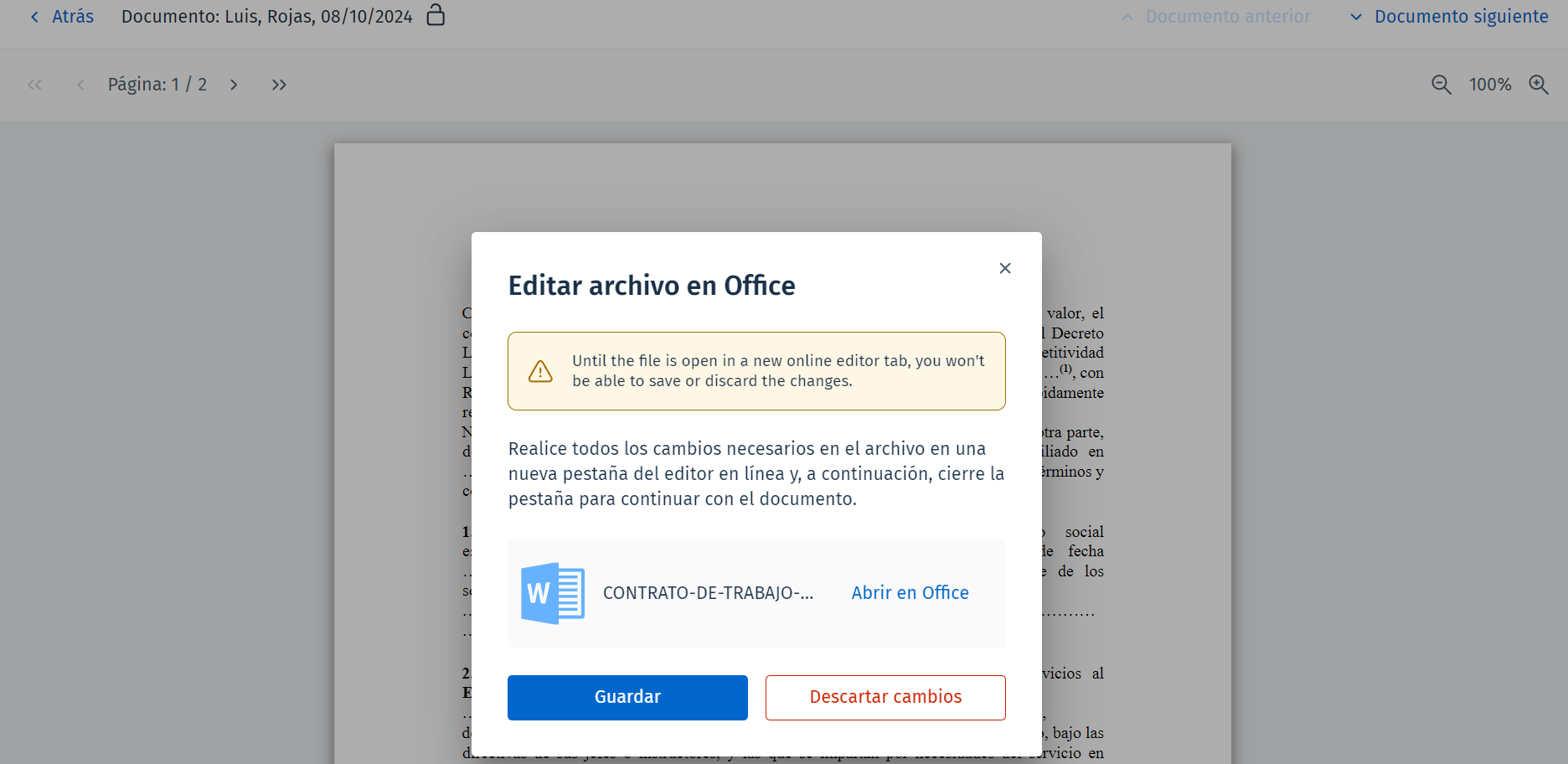 Imagen que muestra el cuadro de diálogo 'Editar archivos en Office'