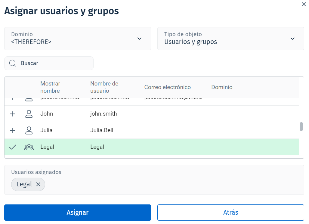 Imagen que muestra el cuadro de 'diálogo 'Asignar usuarios y grupos'