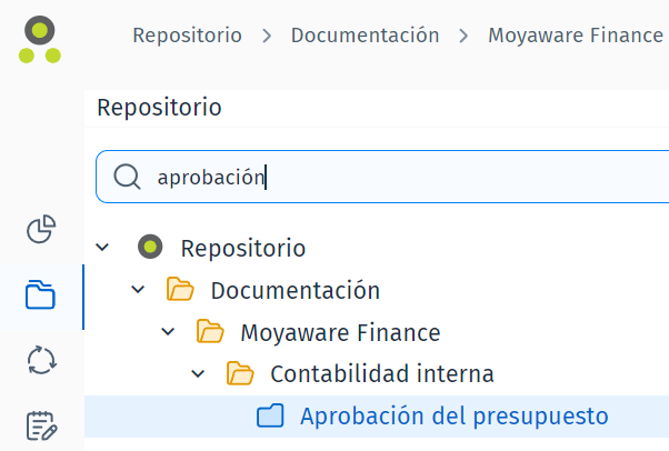 Imagen que muestra la vista de árbol filtrada después de introducir el término de búsqueda 'Aprobación de presupuesto' y ejecutar una búsqueda en el repositorio