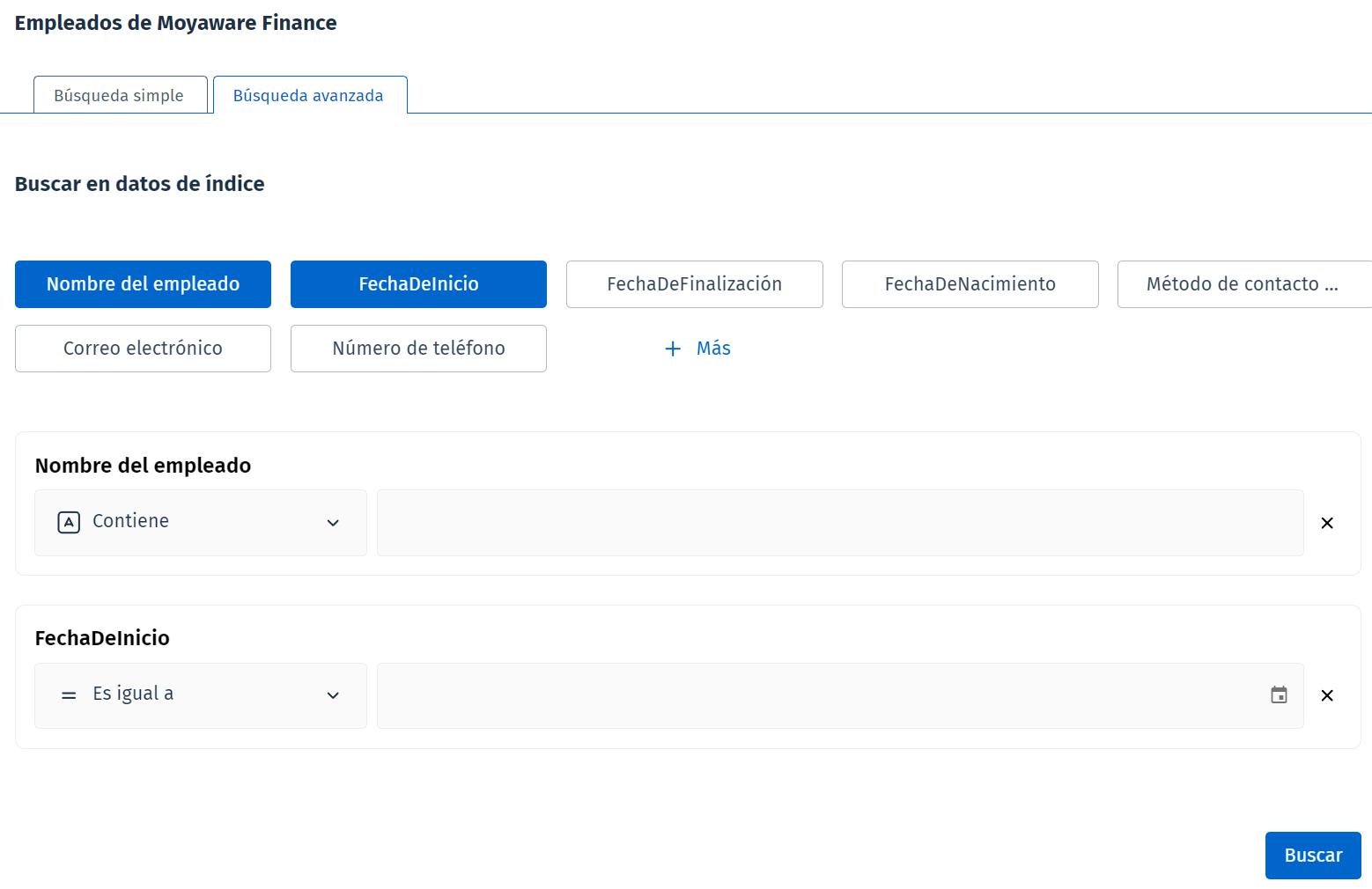 Imagen que muestra la configuración de una búsqueda avanzada con campos de datos de índice y operadores seleccionados