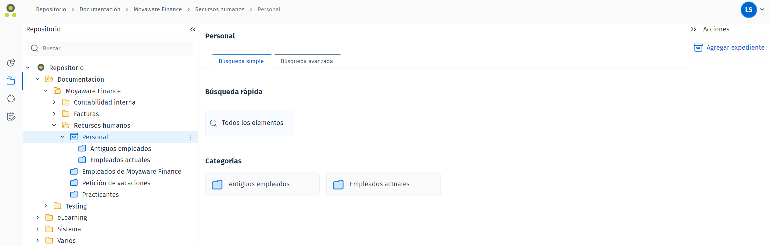 Imagen que muestra una página de aterrizaje de expediente que contiene funciones de búsqueda y dos categorías