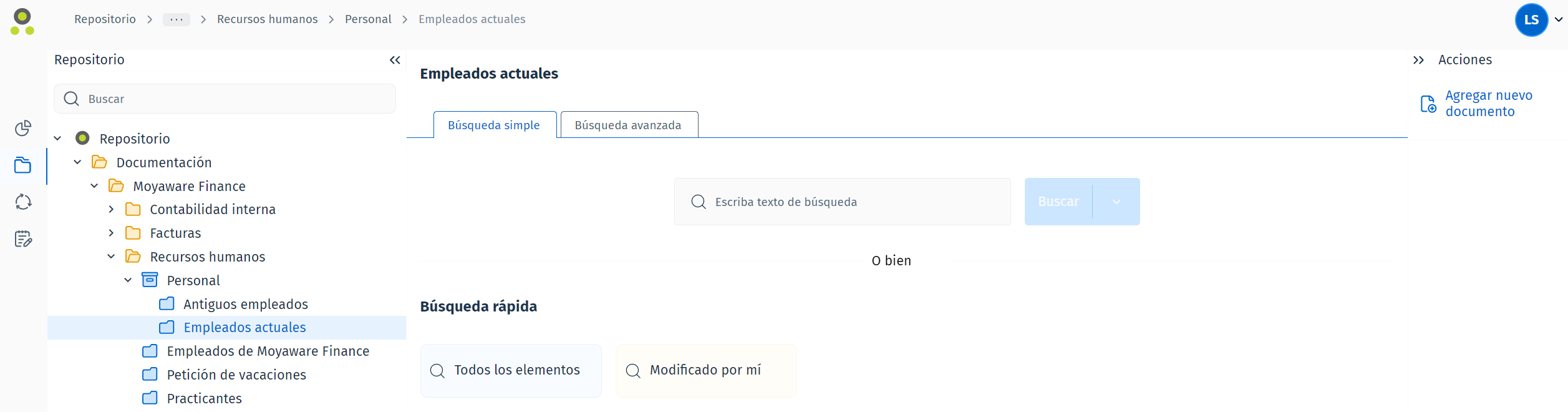 Imagen que muestra una página de aterrizaje de categoría que contiene las distintas funciones de búsqueda. La categoría se llama Empleados actuales y se encuentra en el expediente Expedientes de empleados.