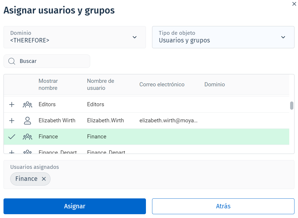 Imagen que muestra el cuadro de diálogo Asignar usuarios y grupos con un grupo seleccionado