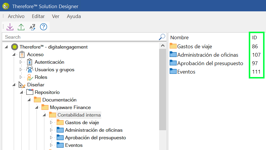 Imagen que muestra dónde buscar el ID de categoría en Therefore™ Solution Designer