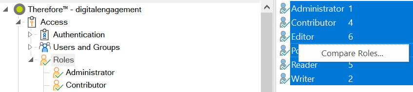 Image illustrant la procédure de comparaison des permissions intégrées à deux rôles