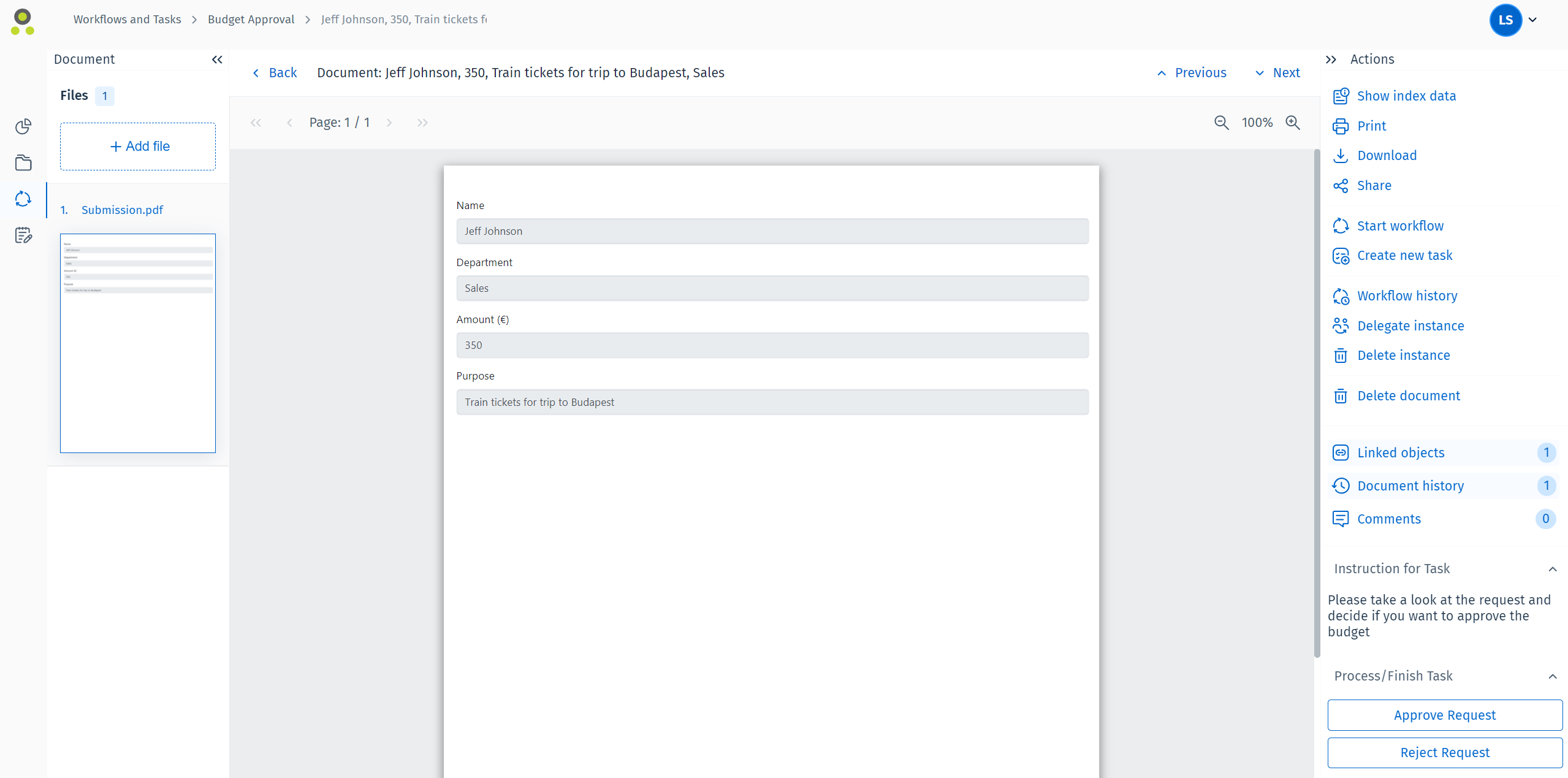 Image illustrant une instance de workflow et le menu « Actions » sur la droite