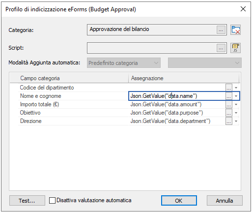 Immagine che mostra la configurazione di elaborazione di un eForm