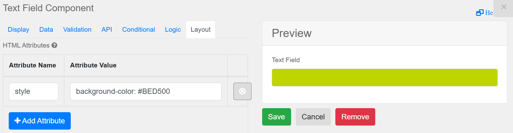 Immagine che mostra la configurazione di un attributo HTML nella scheda Layout
