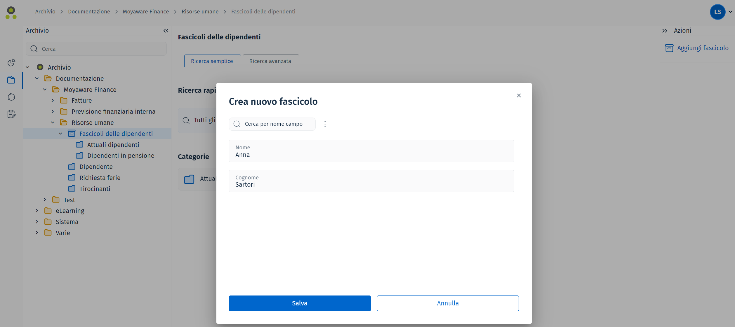 La finestra di dialogo Crea fascicolo con i campi indice dell'intestazione del fascicolo compilati